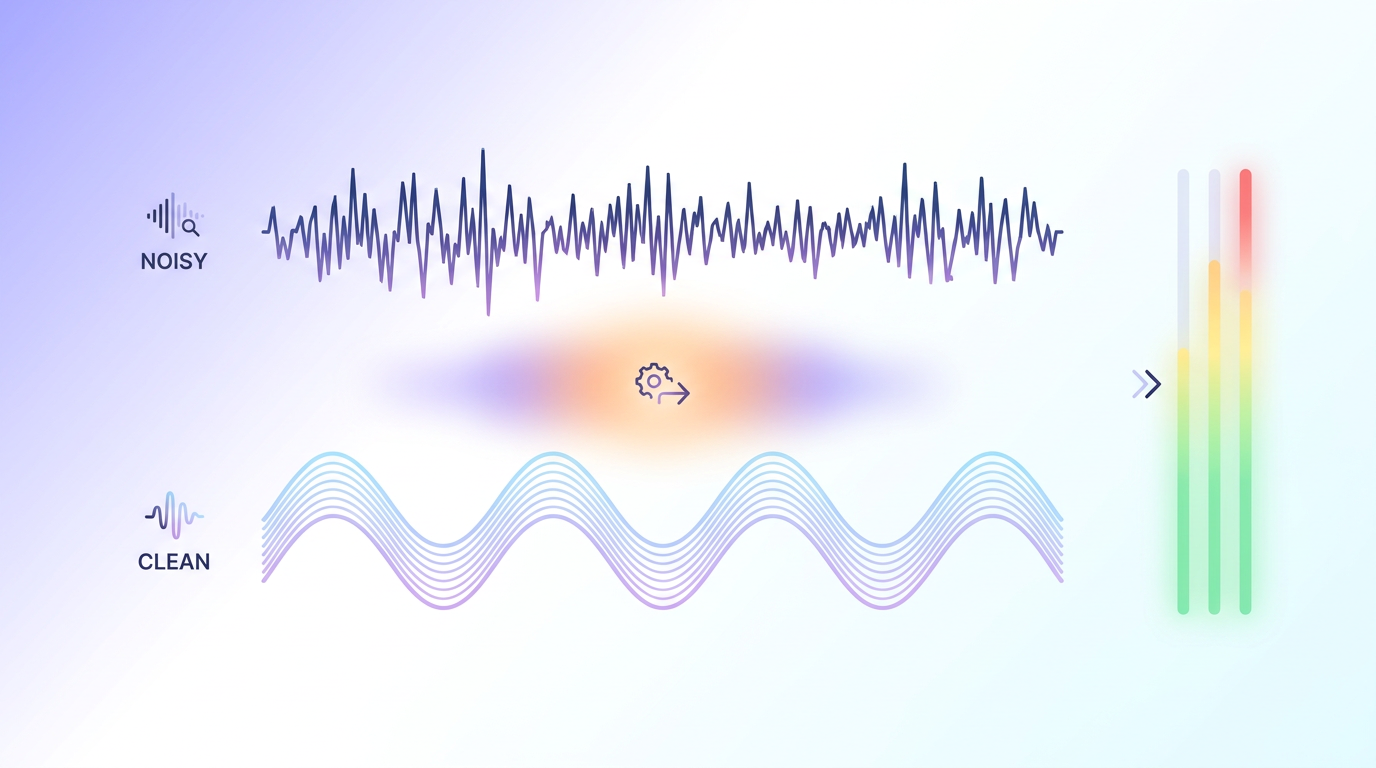 An audio waveform being cleaned and enhanced