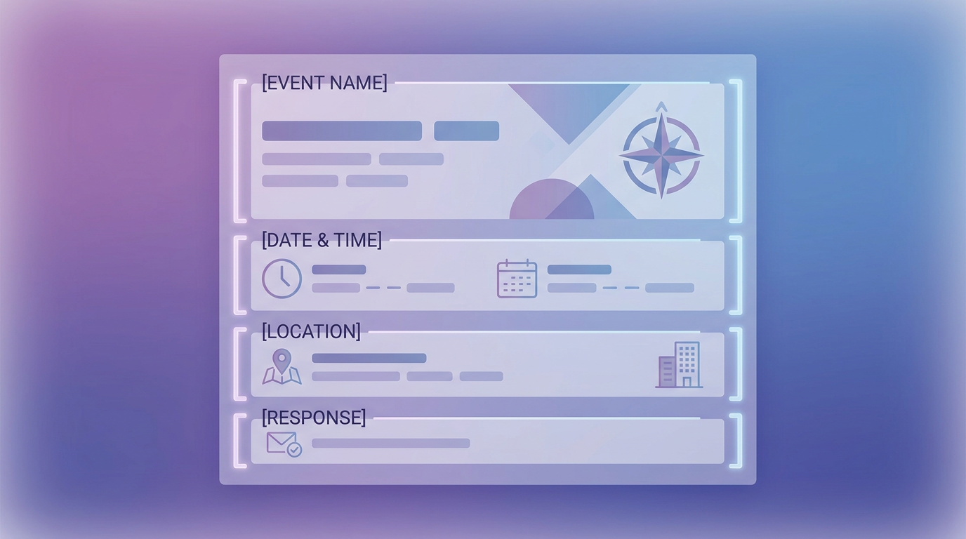 Invitation layout with the essential information blocks marked