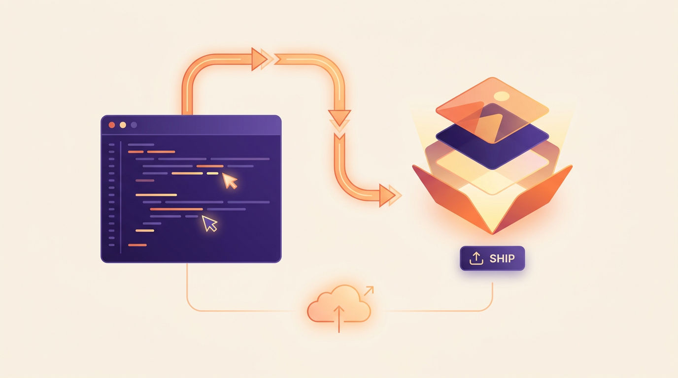 Illustration of a code panel beside a layered editable graphic asset