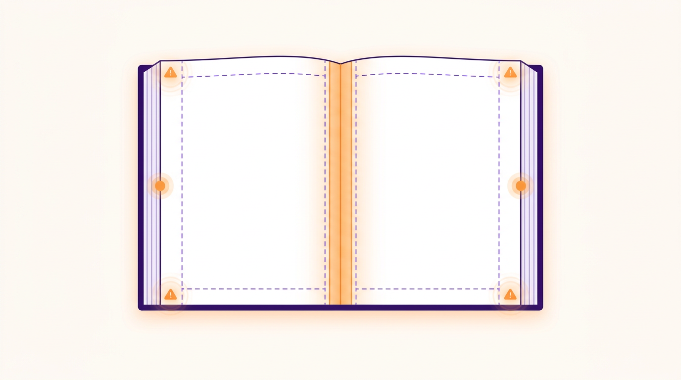 A page spread with dashed safe margin guides inset from every edge and a highlighted gutter down the centre