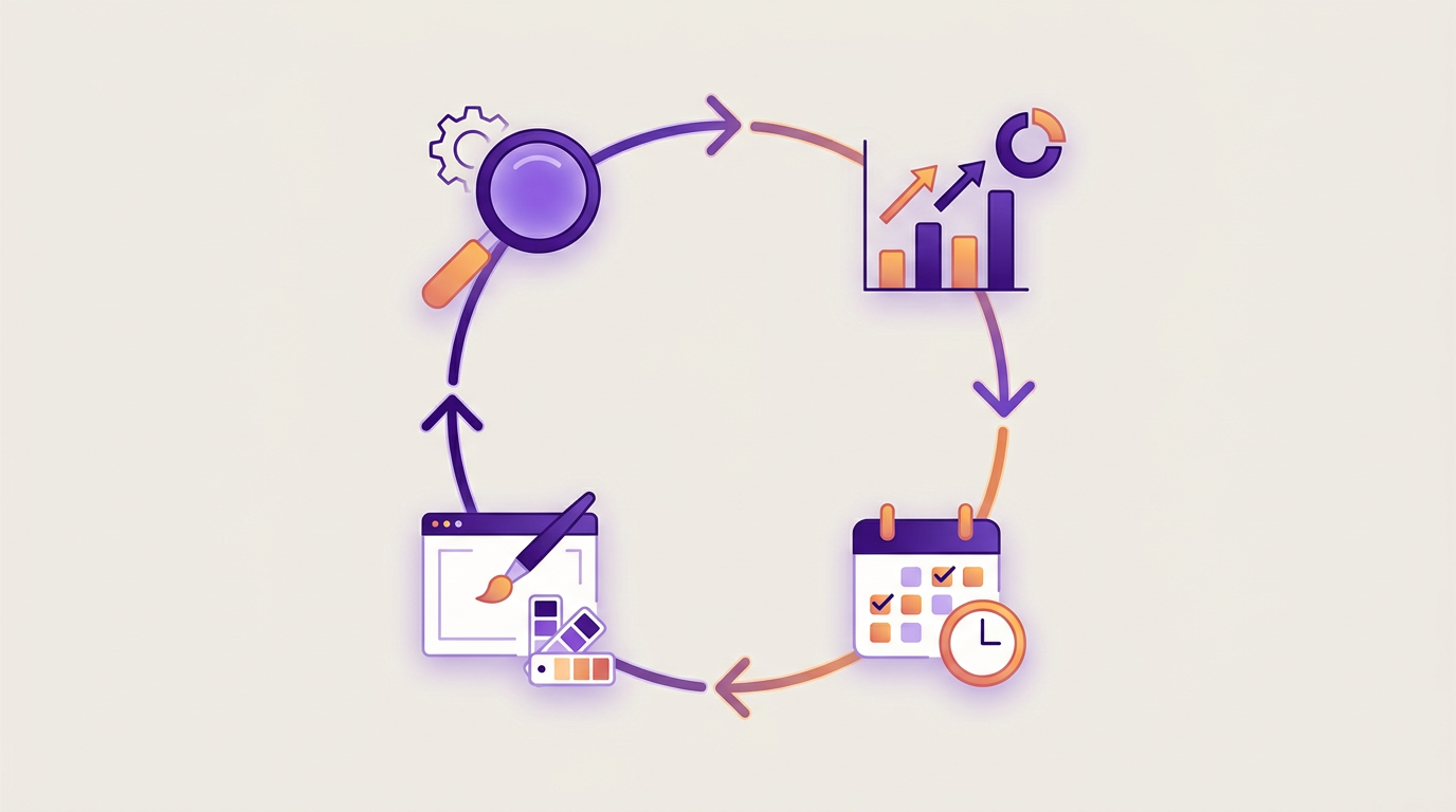 Illustration of a marketing workflow as connected stations for research, design, scheduling and reporting