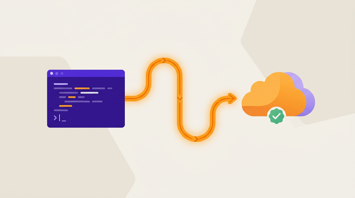 Illustration of a command line panel connected to an external creative service with an approval checkmark