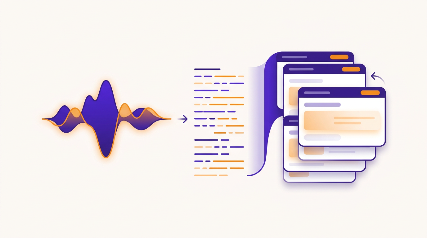 An audio waveform transforming into transcript lines, which fold into a stack of finished slide cards