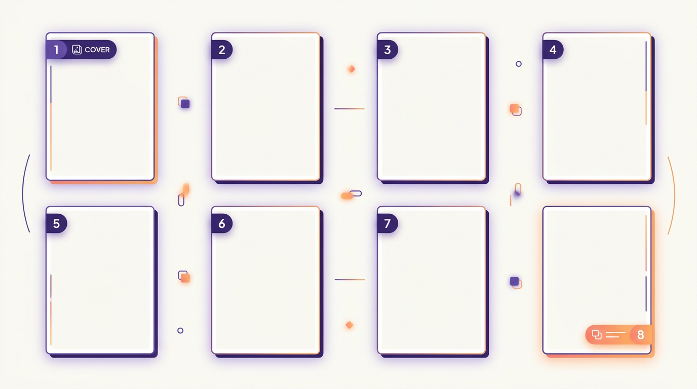 Eight blank booklet pages laid out flat in a storyboard grid with page number badges