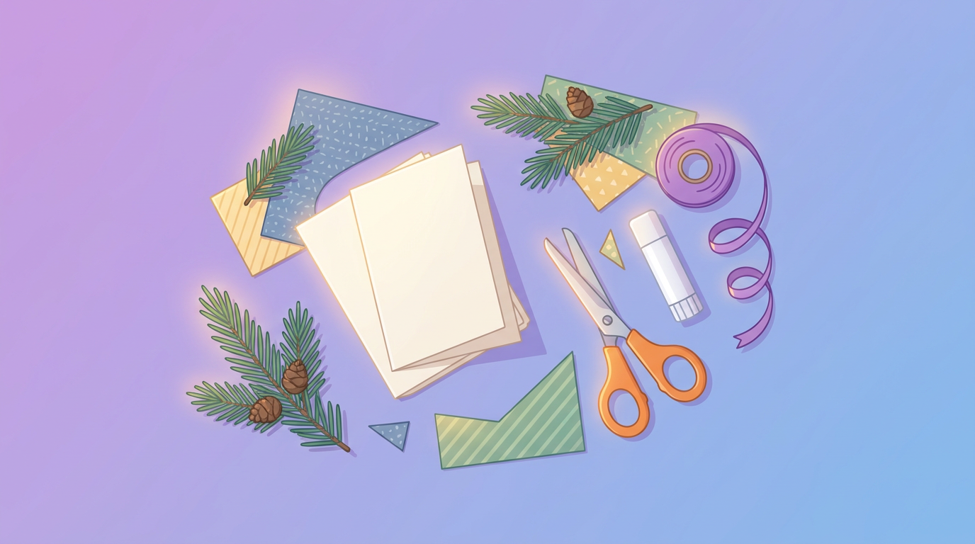 Handmade card materials laid out on a craft table