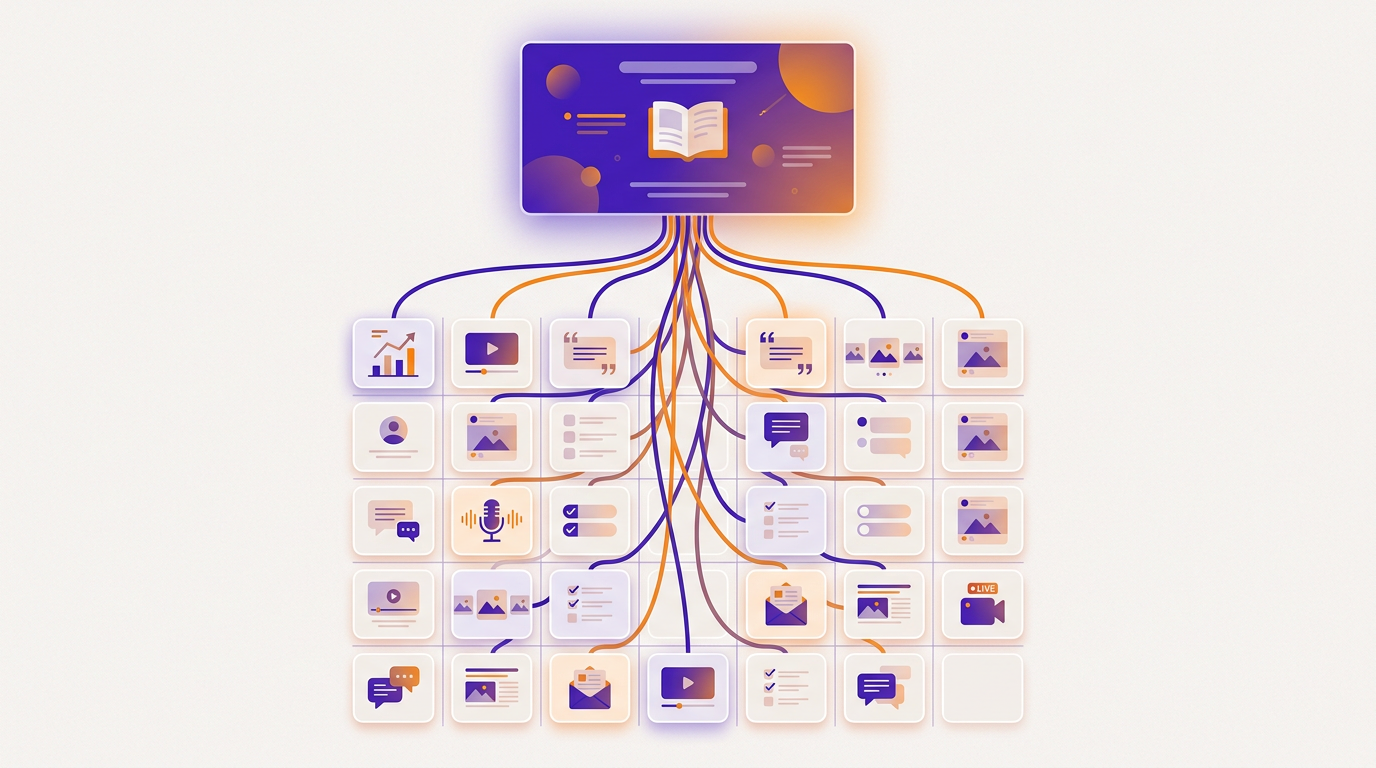A monthly calendar grid where one highlighted source article feeds threads down into individual day cells