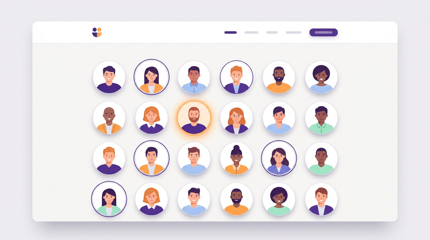 Grid of circular team portrait avatars on a website about page, some with thin keyline rings