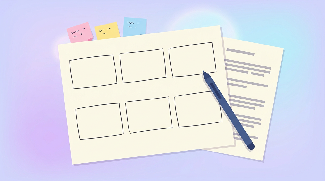 A storyboard and script laid out during planning