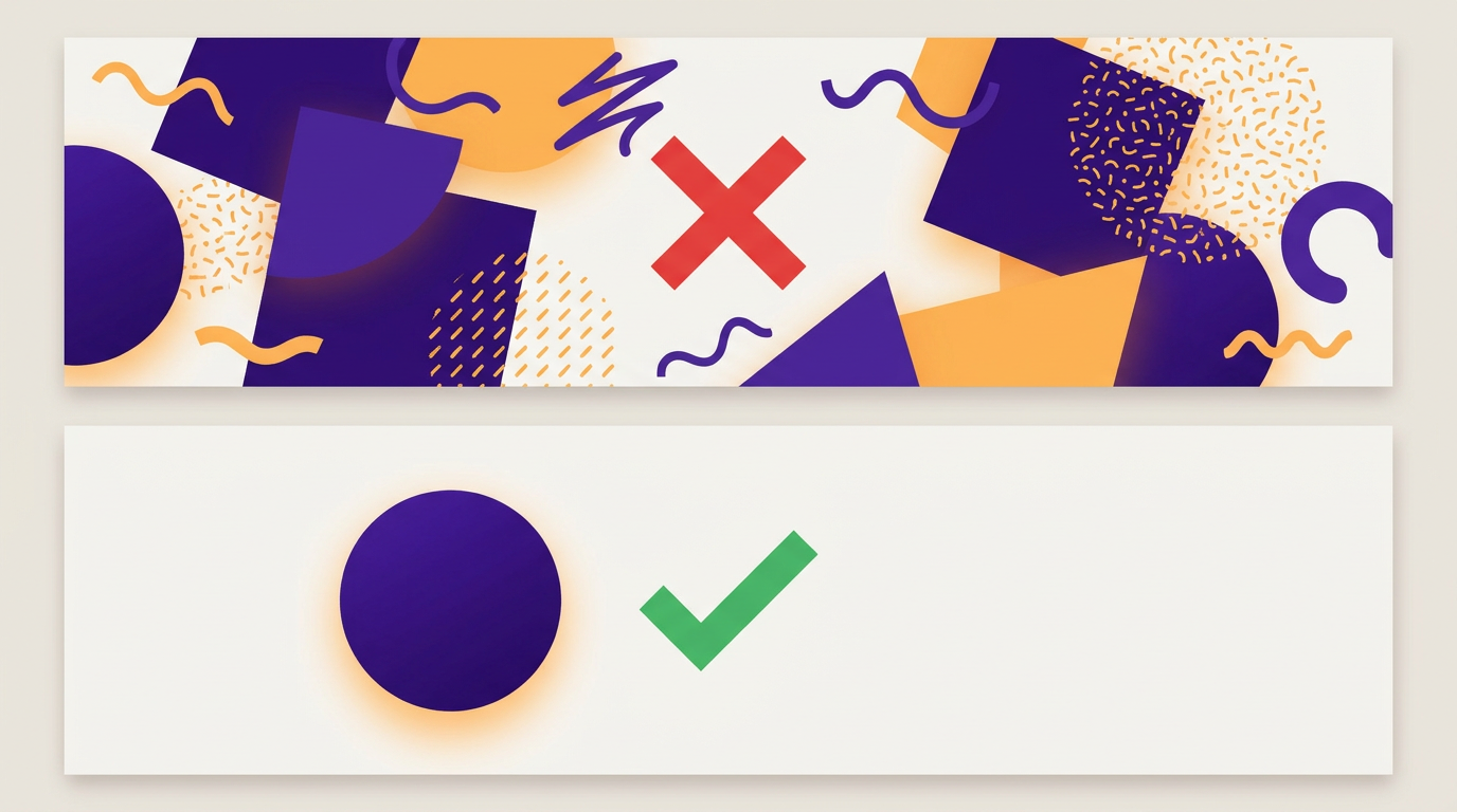 Two stacked banner panels compared, one cluttered and busy, one calm with a single focal shape