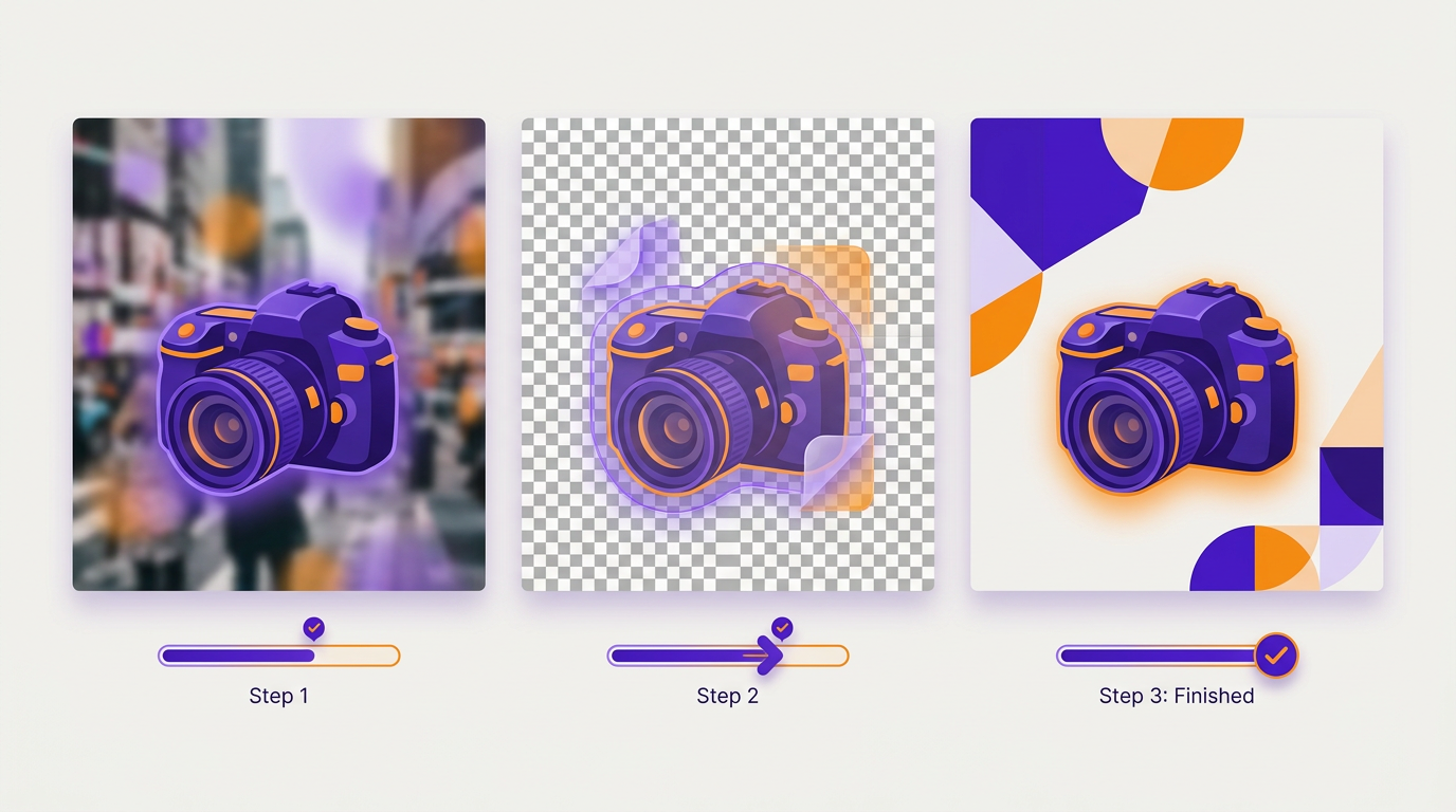 A three step sequence showing an object on a busy background, then with the background peeled away to a checkerboard grid, then placed on a clean layout