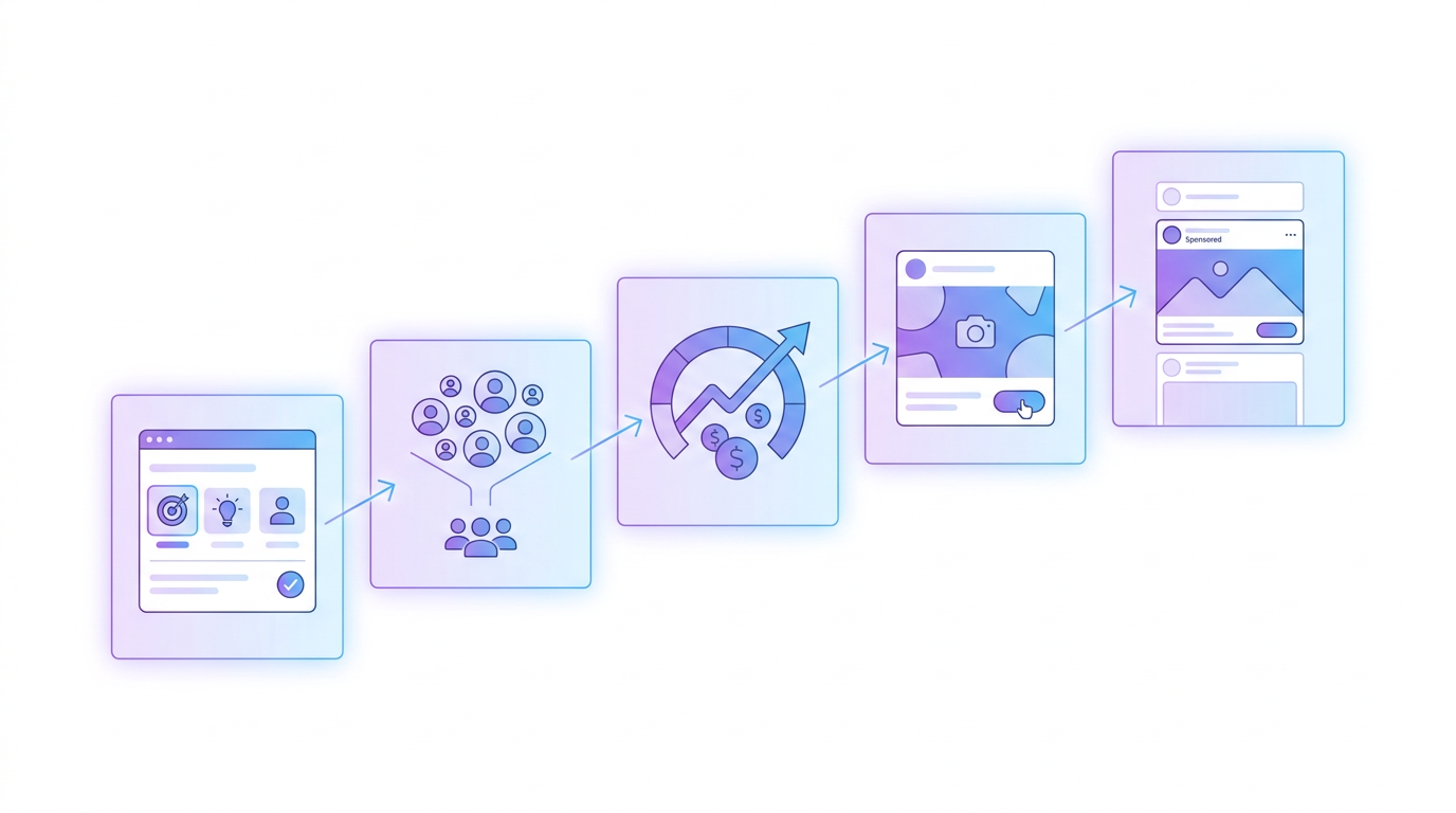 An ad built through sequential setup stages