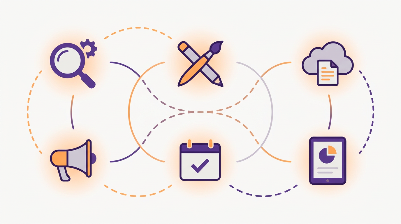 Illustration of everyday work tool icons arranged in a grid with soft connection points