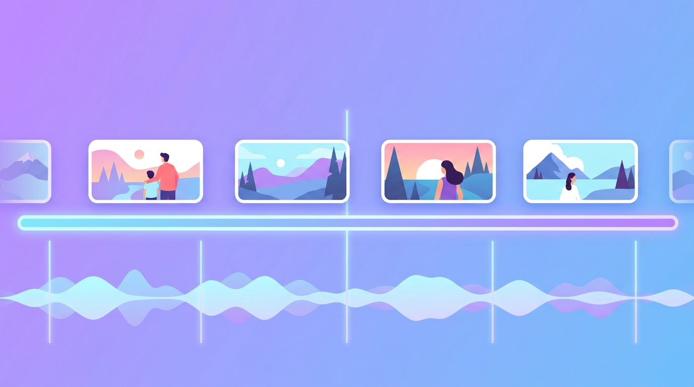 Photos arranged on a timeline synced to a waveform