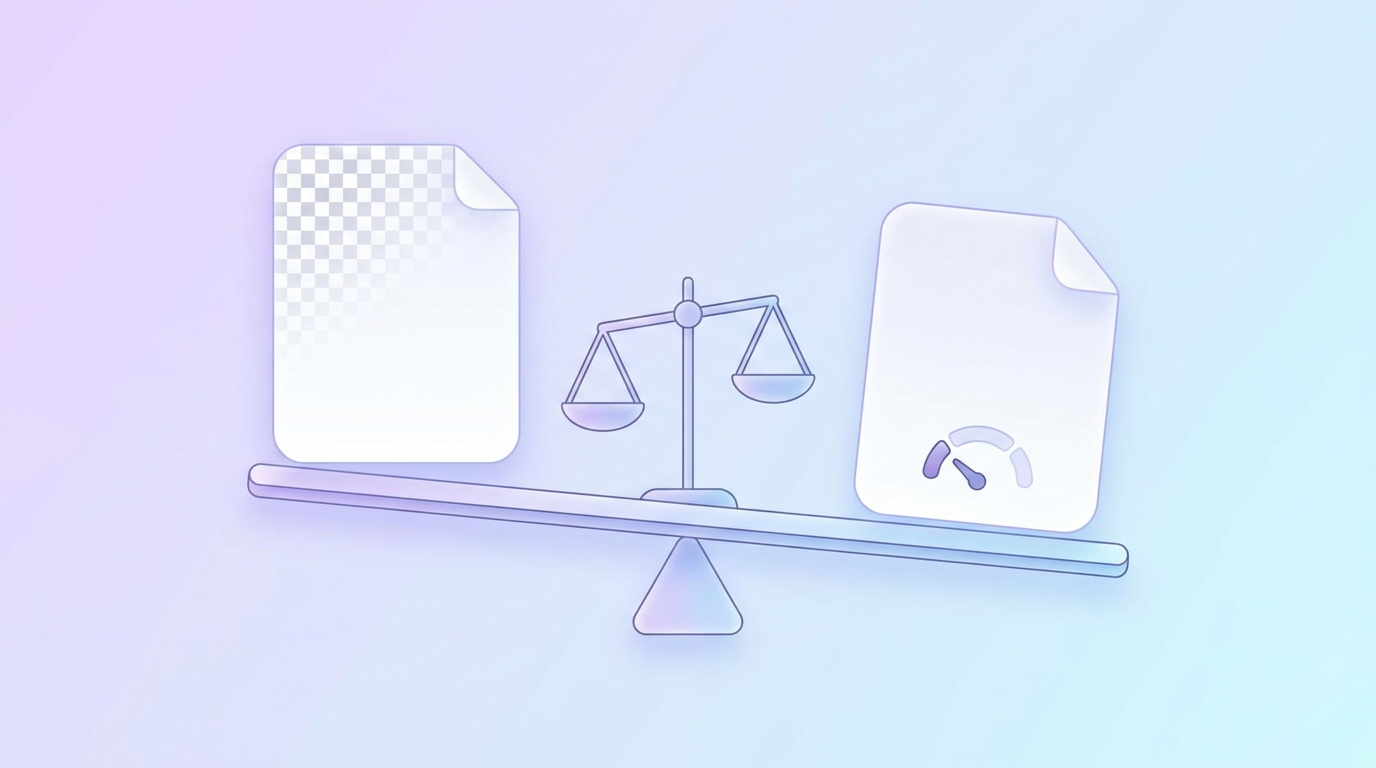 Two file cards representing PNG and JPG formats being weighed against each other