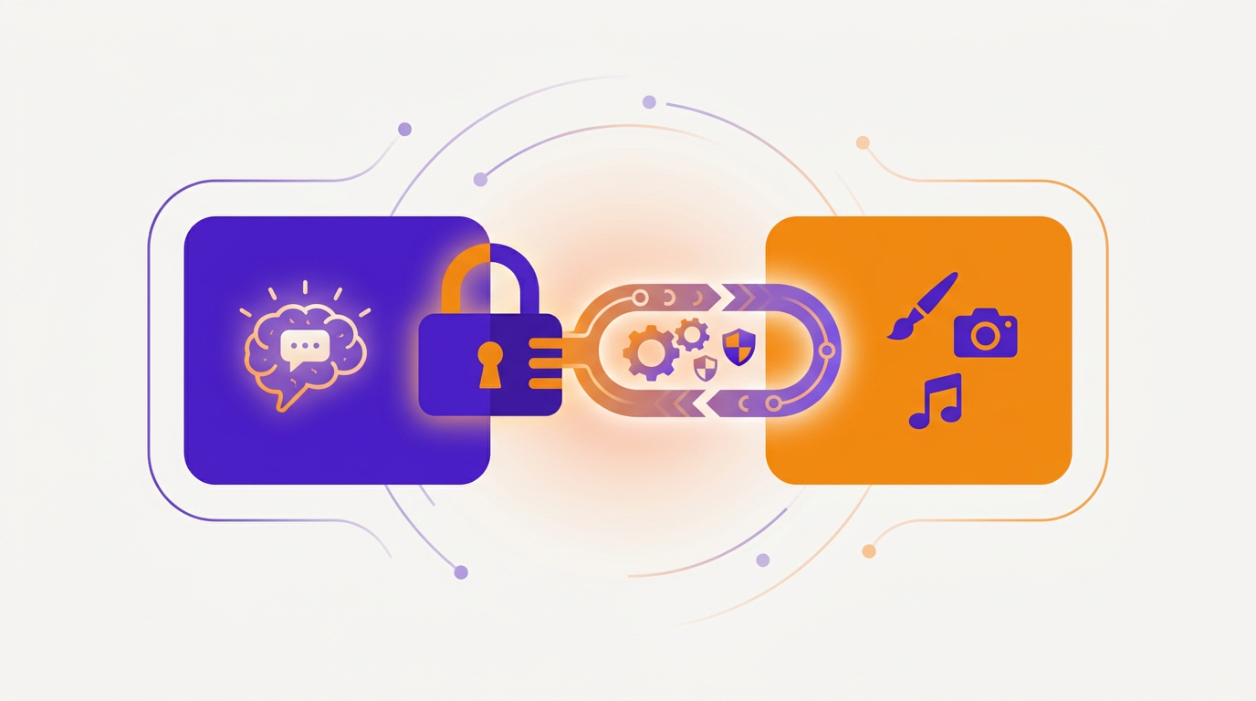 Abstract illustration of a secure scoped connection between an AI assistant and an external creative application