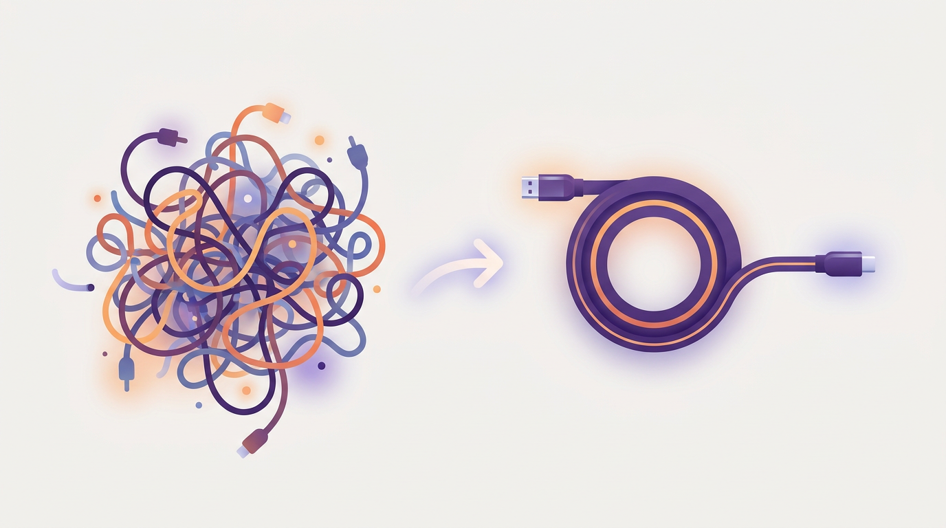 Illustration contrasting a tangle of individual wires with a single clean standardized cable