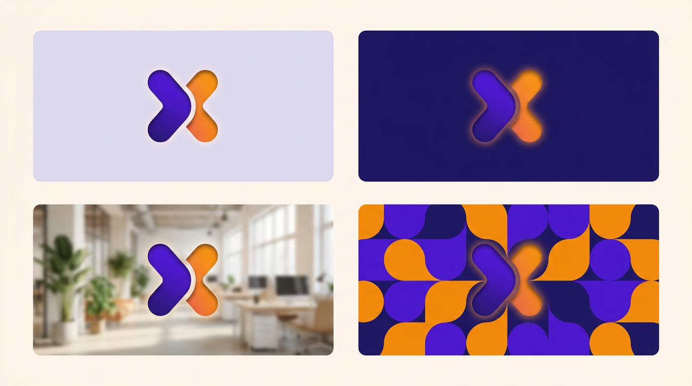 One cut out logo mark repeated across four different coloured backgrounds, sitting cleanly on each