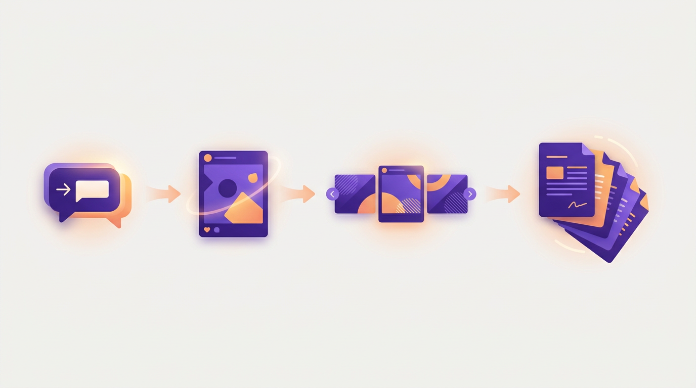Illustration of a chat request becoming a finished single post, a multi-slide carousel, and a multi-page document