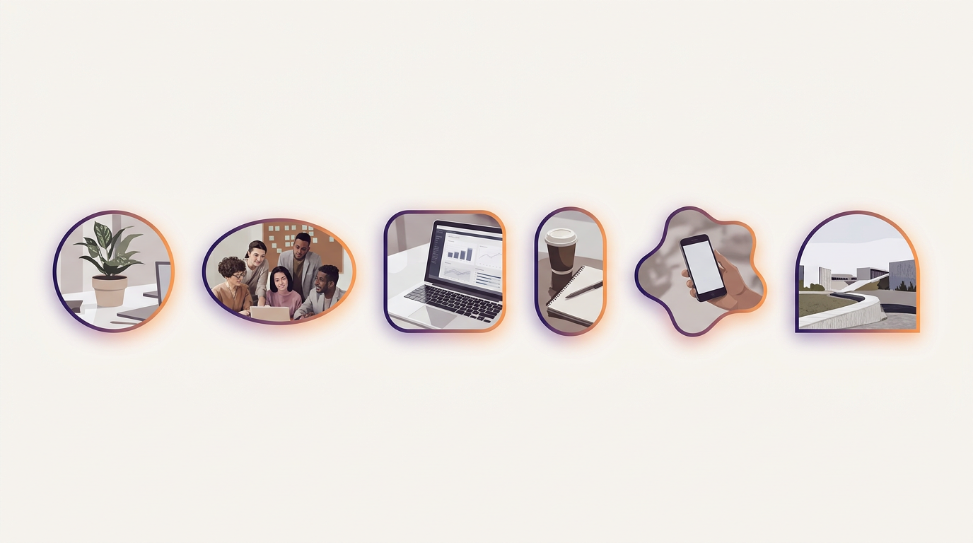 Six photo mask shapes in a row: circle, ellipse, rounded square, pill, blob and arch, each holding a different photograph